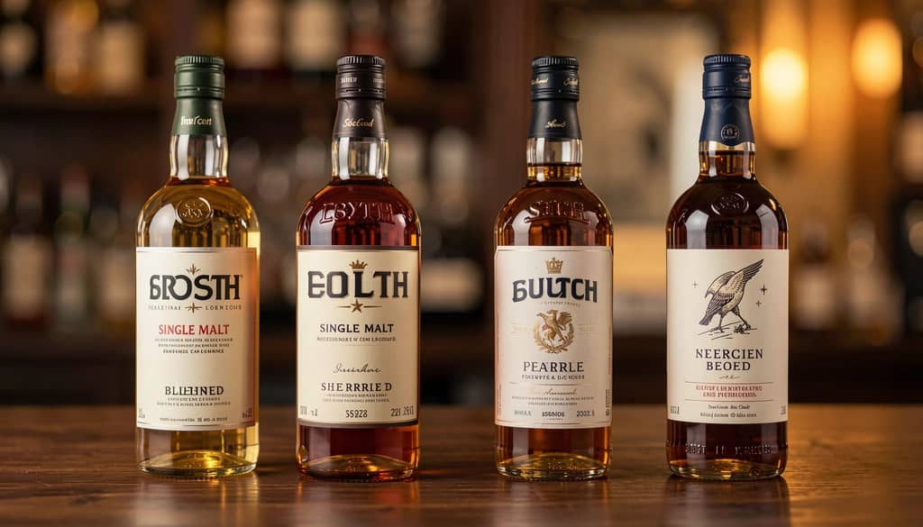 Scotch bottles with distinct styles on a wooden bar