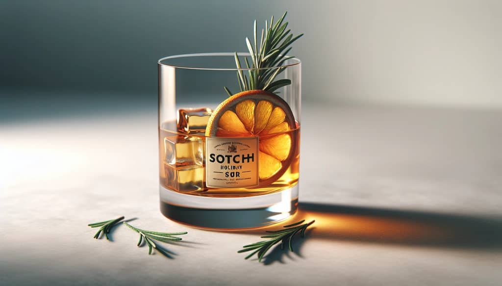 scotch holiday sour cocktail with orange wheel on marble