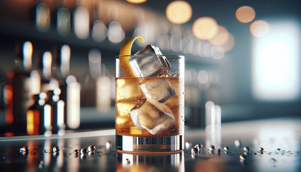 scotch and soda with bitters and lemon twist garnish