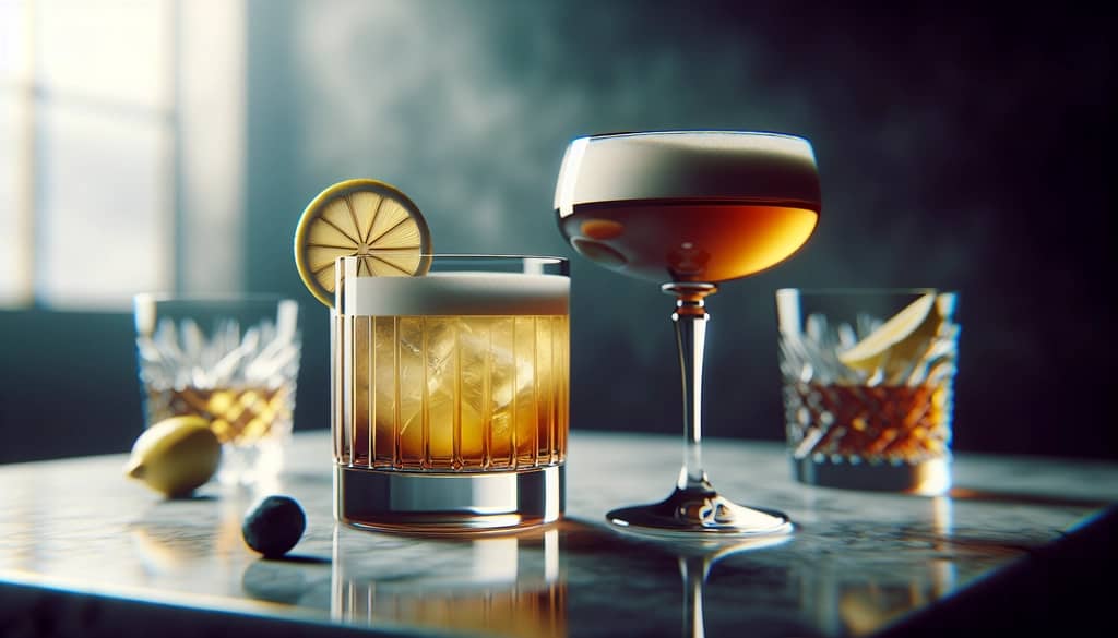 scotch whisky sour next to bourbon sour on bar