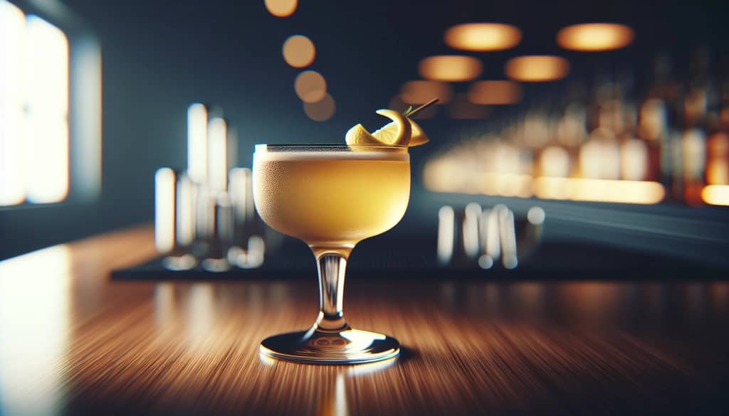 copa de cóctel scotch sour con twist de limón en la barra