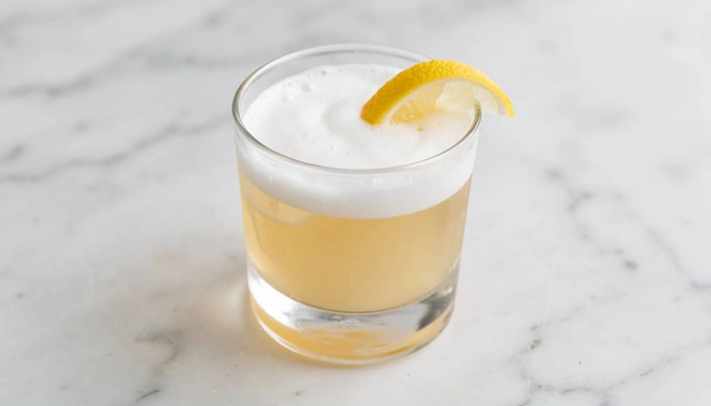 Scotch Sour cocktail with a creamy foam and lemon twist
