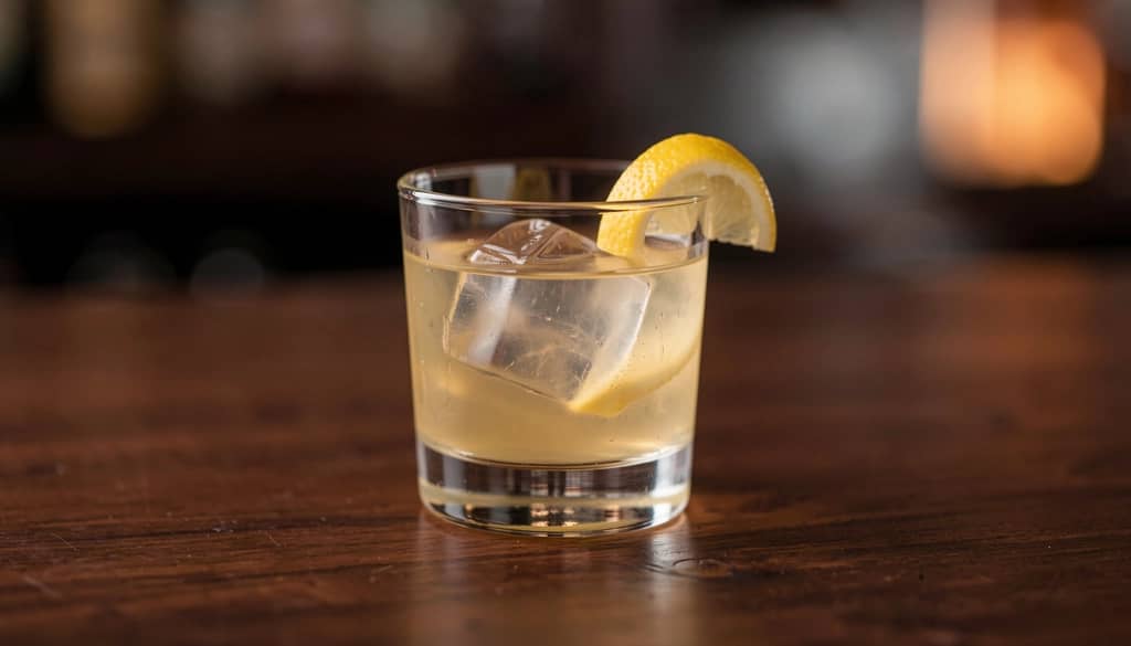 Koktajl Scotch Sour w szkle typu rocks z plasterkiem cytryny