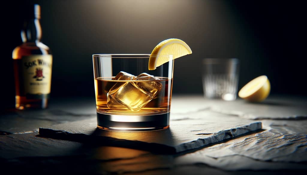 scotch whiskey cocktail in a rocks glass with lemon peel