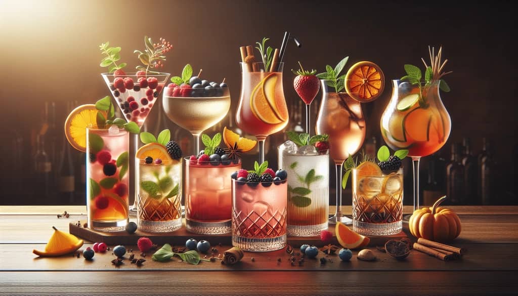 cócteles de cumpleaños variados y estacionales en vasos apropiados con guarnición