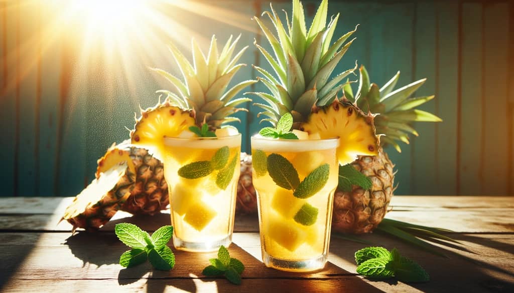 serving of homemade pineapple ginger beer in glasses with fresh mint