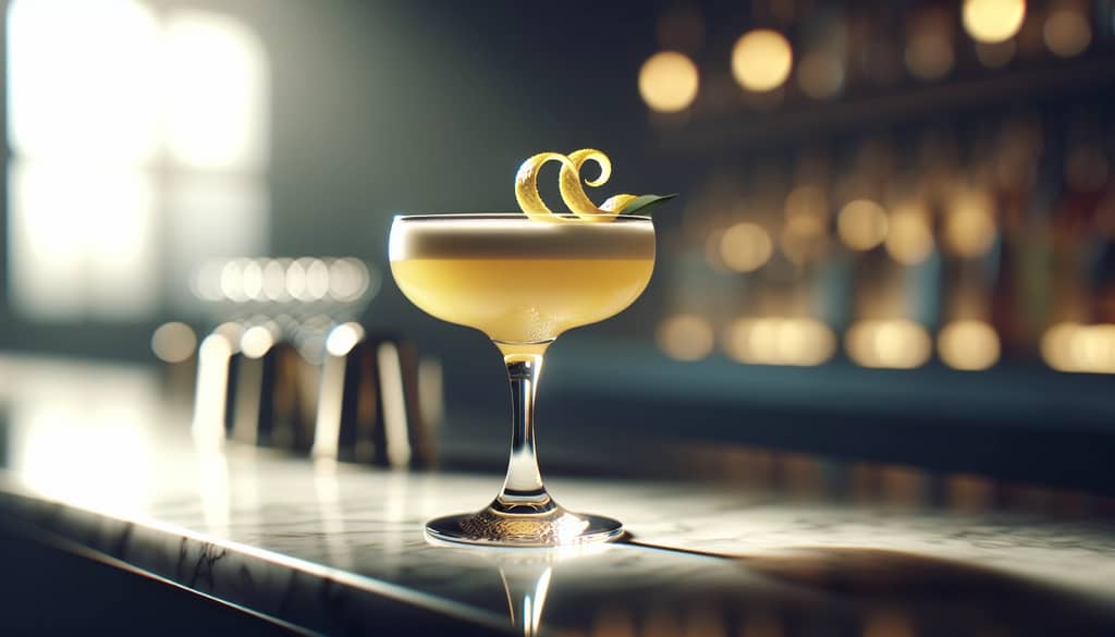 Shaken tart cocktail with lemon in coupe glass