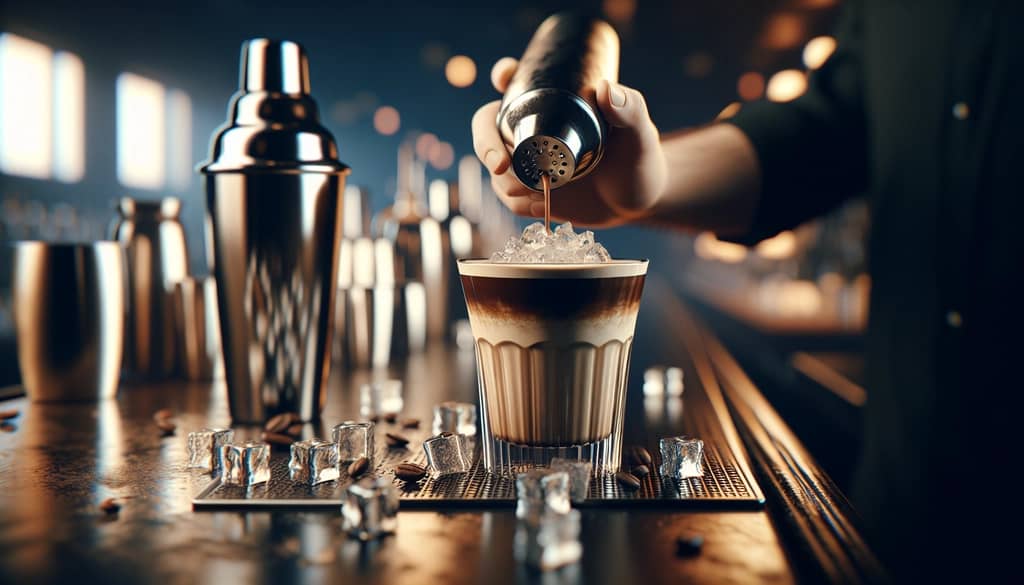 espresso martini being shaken with ice in cocktail shaker