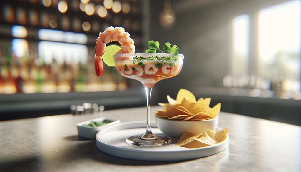 mexican shrimp martini garnished with cilantro and lime served with chips