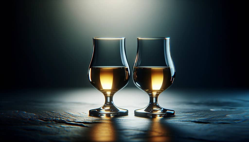 two spirit tasting glasses with golden liquid on slate