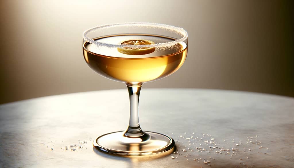 sidecar cocktail in coupe glass with sugared rim