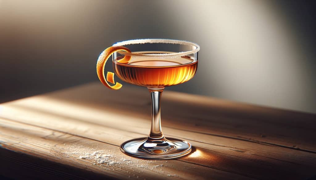 sidecar cocktail with sugared rim and orange garnish