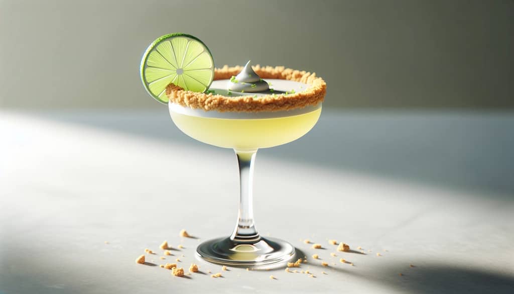 Cóctel de tarta de lima en copa coupé con borde de galleta graham y rueda de lima