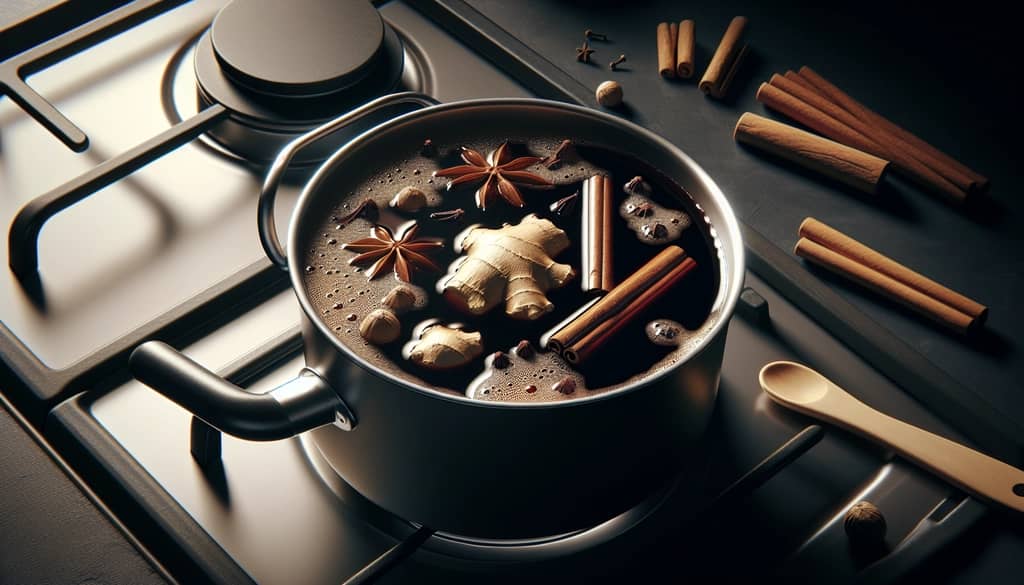 simmering gingerbread syrup in saucepan with spices visible