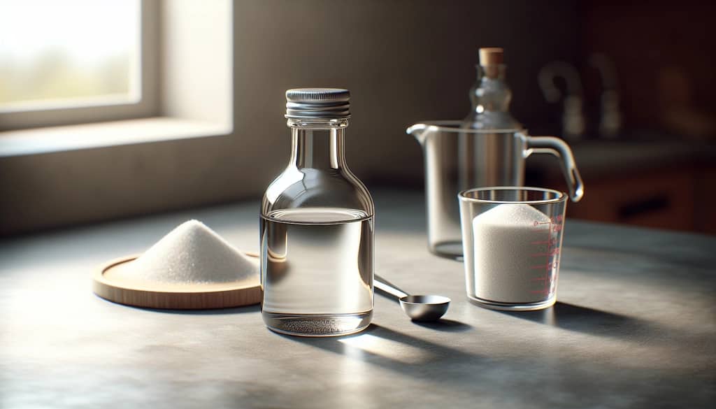 Bottle of homemade simple syrup on kitchen counter
