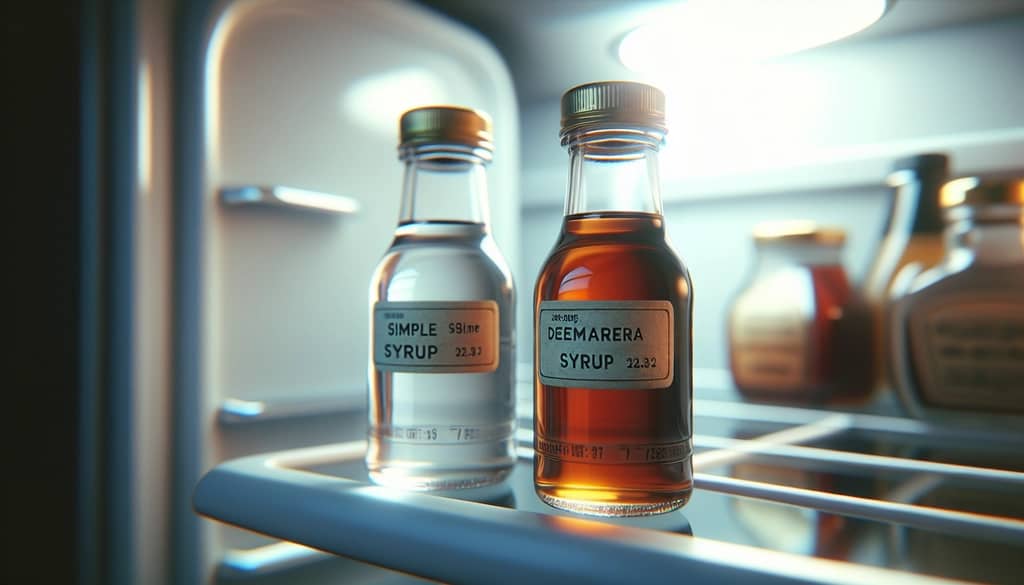 small labeled bottles of clear and amber simple syrup in fridge