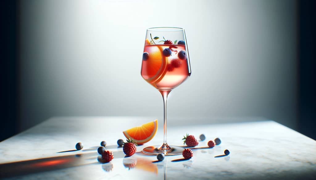 einfacher Weincocktail mit Früchten im Glas auf dem Tisch