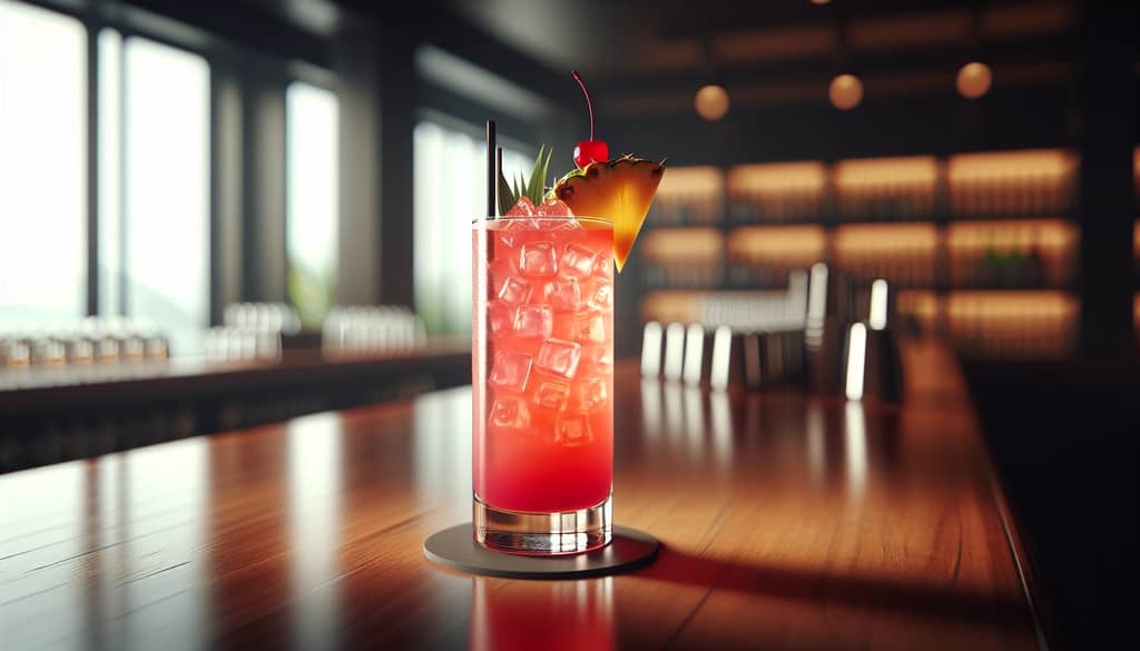 singapore sling dalam gelas highball dengan nanas dan ceri