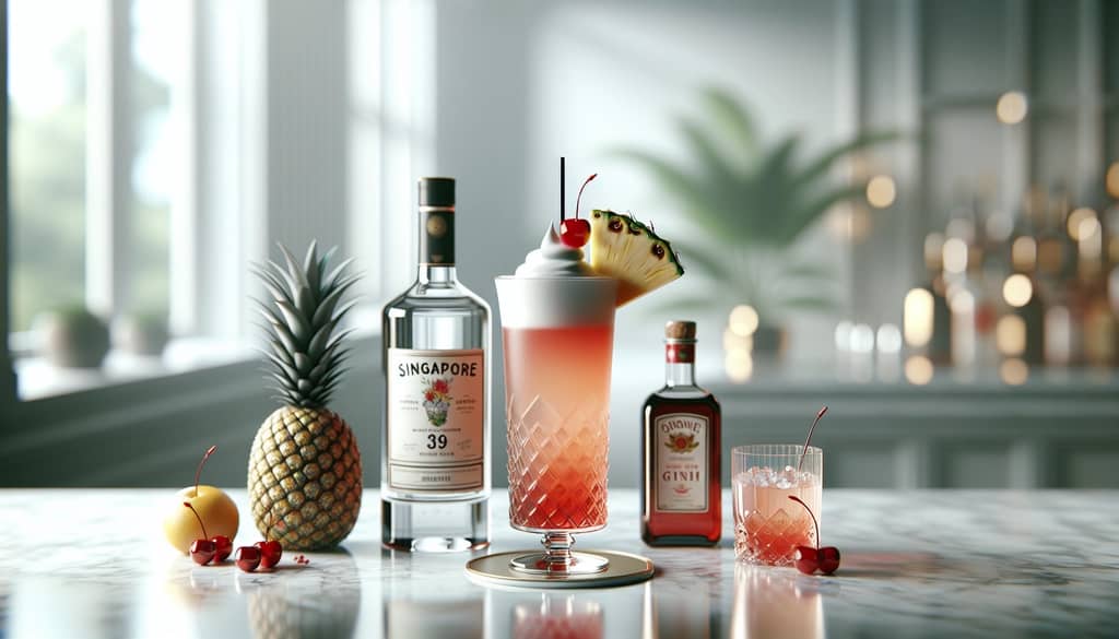 singapore sling with ingredients on marble bar
