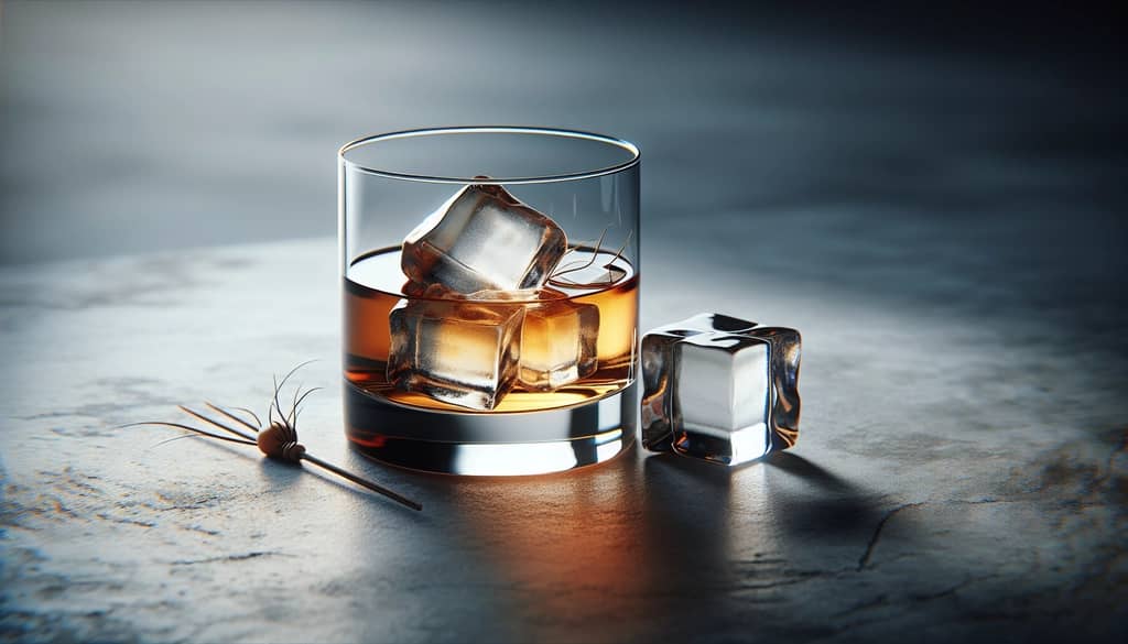 single cocktail with large clear ice cube