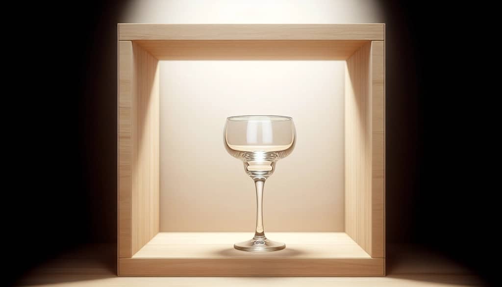 Margarita glass on a clean shelf with space around rim