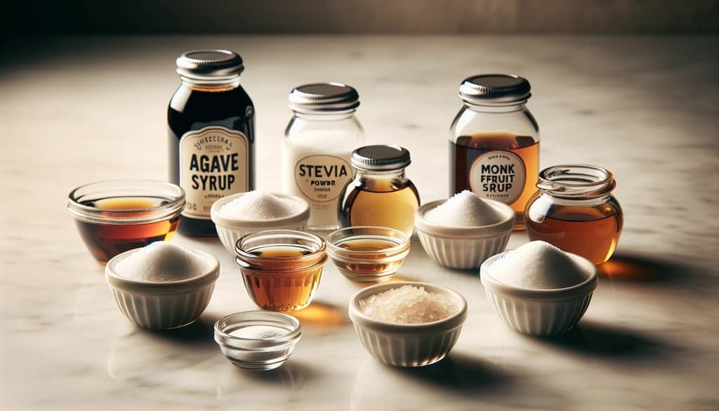 various sweetener types in small jars on marble