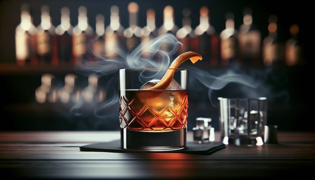 old fashioned de arce ahumado en vaso bajo con decoración de cáscara de naranja