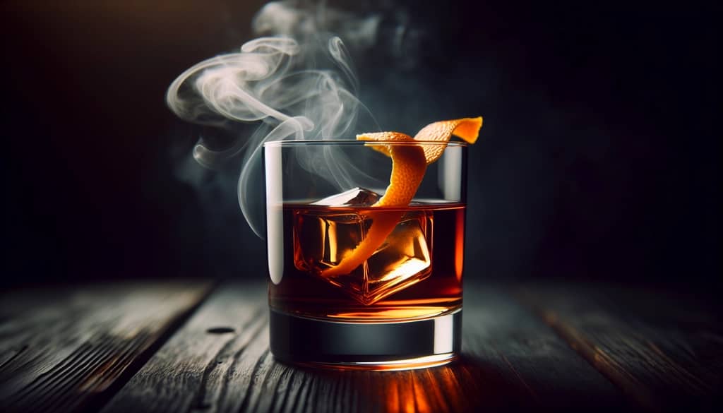 smoked old fashioned in rocks glass with orange peel