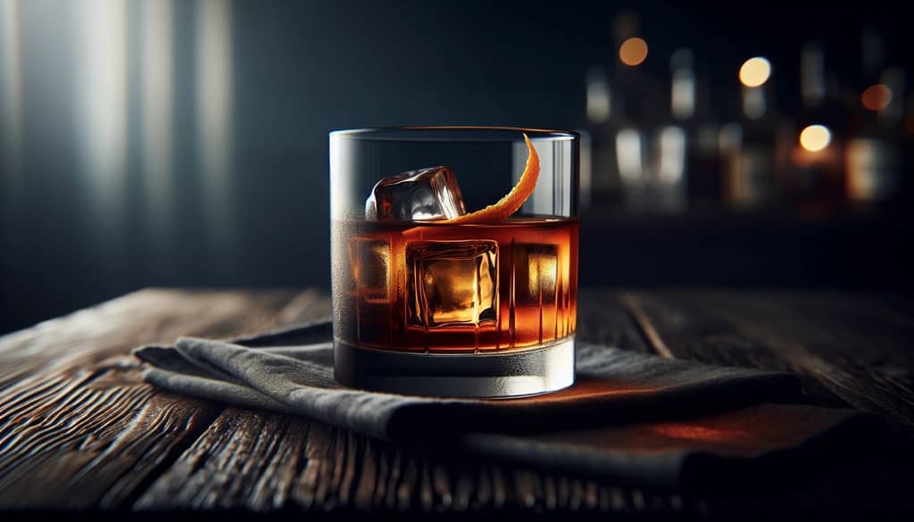 smoked rum old fashioned in rocks glass with orange twist