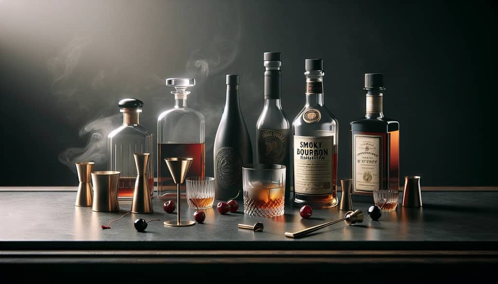 ingredients for smoky bourbon manhattan