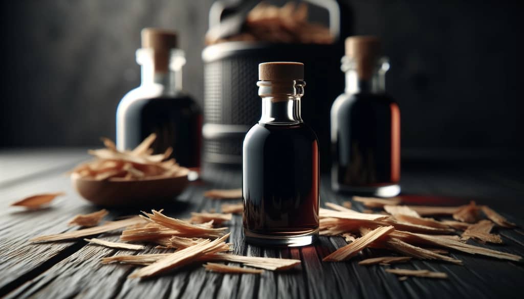 smoky simple syrup in glass bottle with wood chips