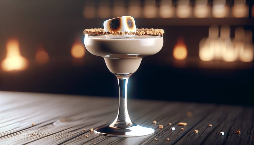 Smore martini variation with toasted marshmallow garnish in a coupe glass