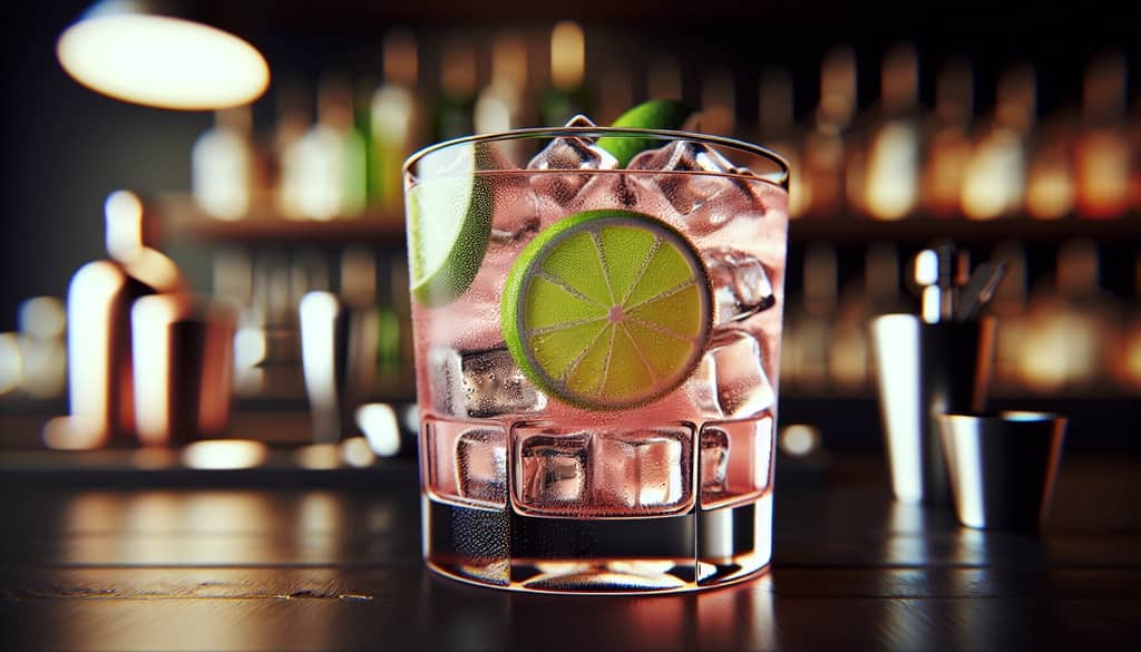 soda lime and bitters with clear ice and lime wheel in a highball