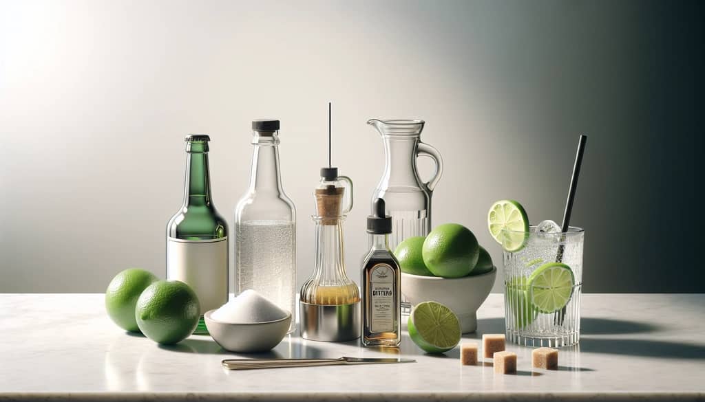 lime and bitters ingredients on white marble bar