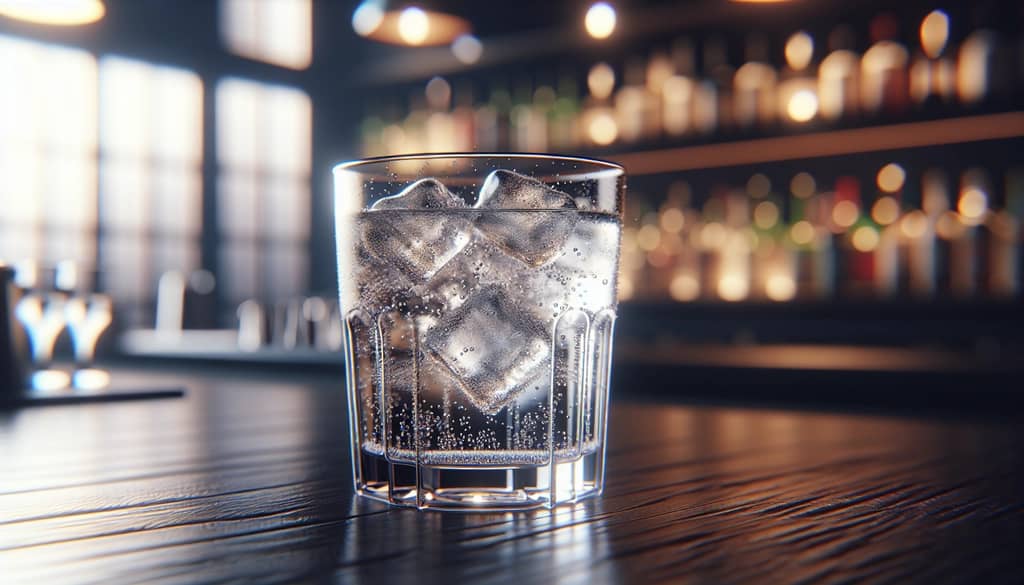 glass of soda water with ice cubes on a bar counter