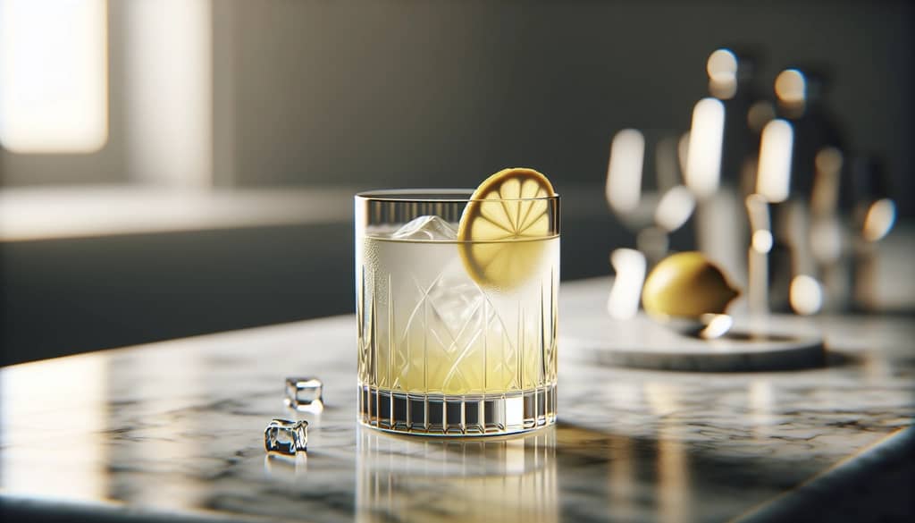 cocktail chua trong ly đá kèm lát chanh