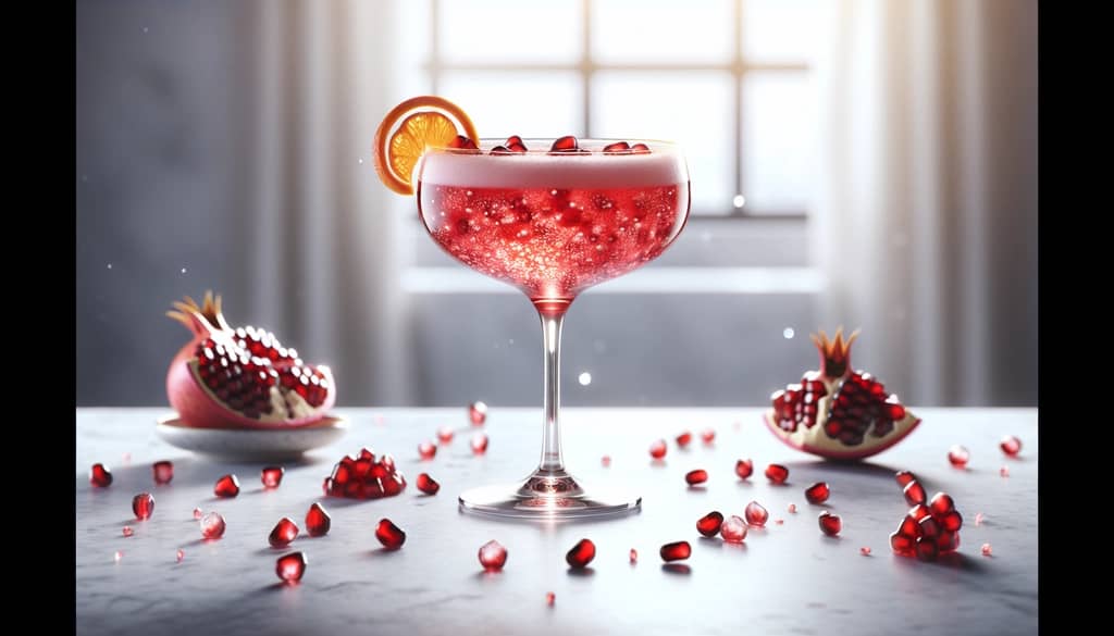 Sparkling pomegranate fizz mocktail with orange twist garnish
