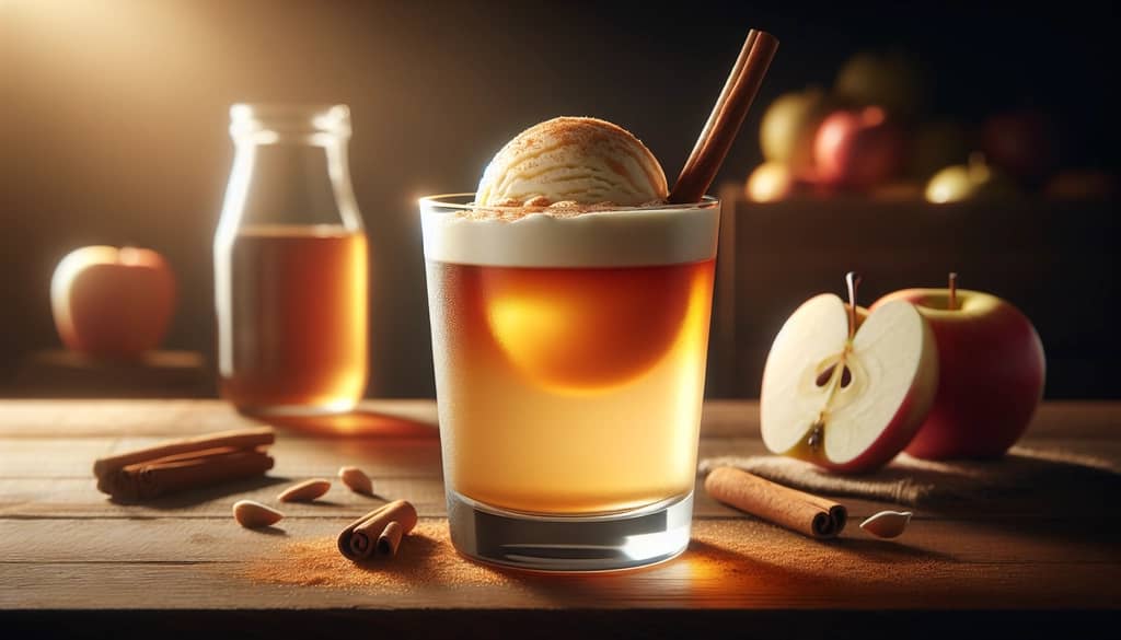spiced apple cider float in rocks glass with vanilla ice cream