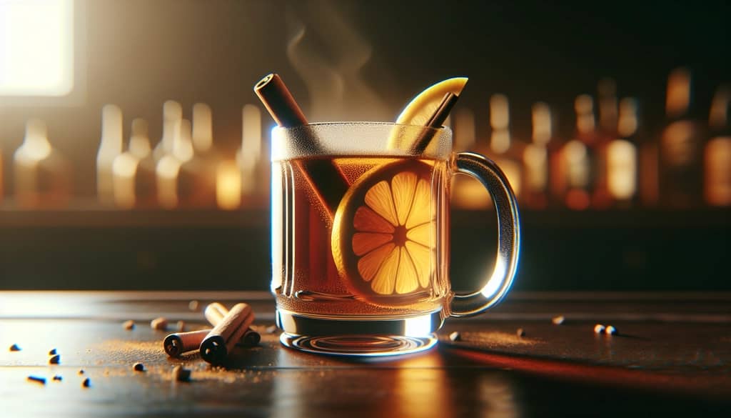 hot toddy al rum speziato in una tazza con stecca di cannella