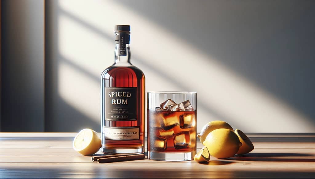 bottle of spiced rum with glass of iced tea and lemons
