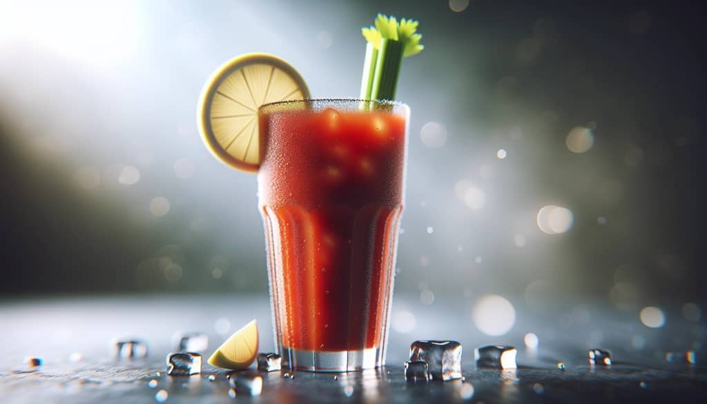 spicy bloody mary with lemon and celery in highball glass