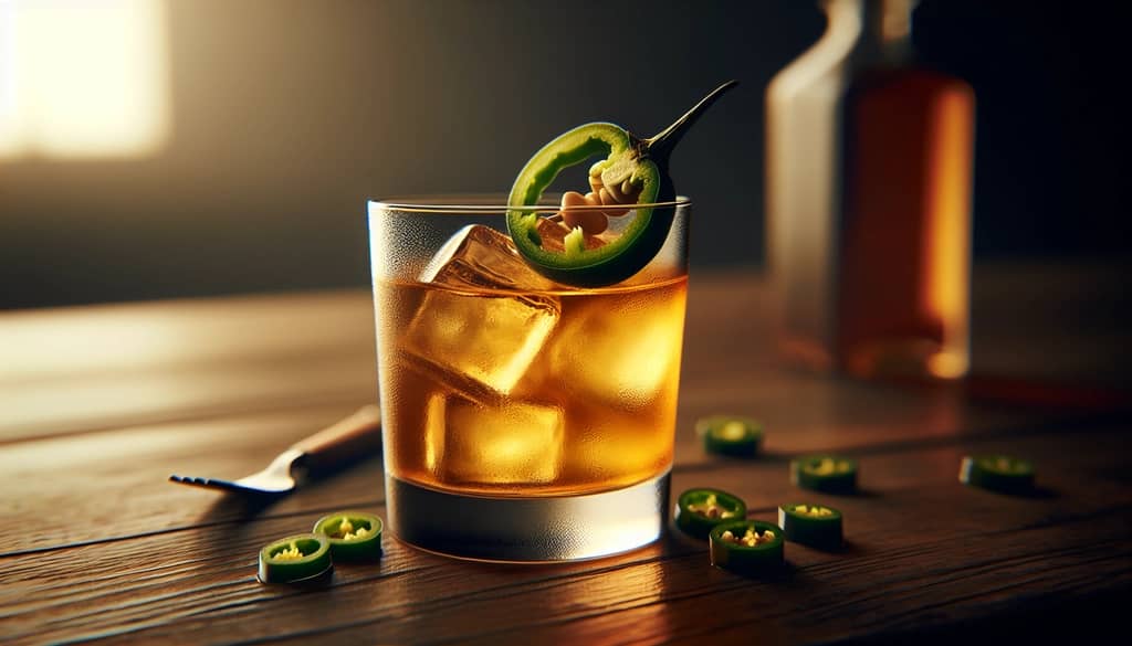 spicy cocktail with jalapeño garnish