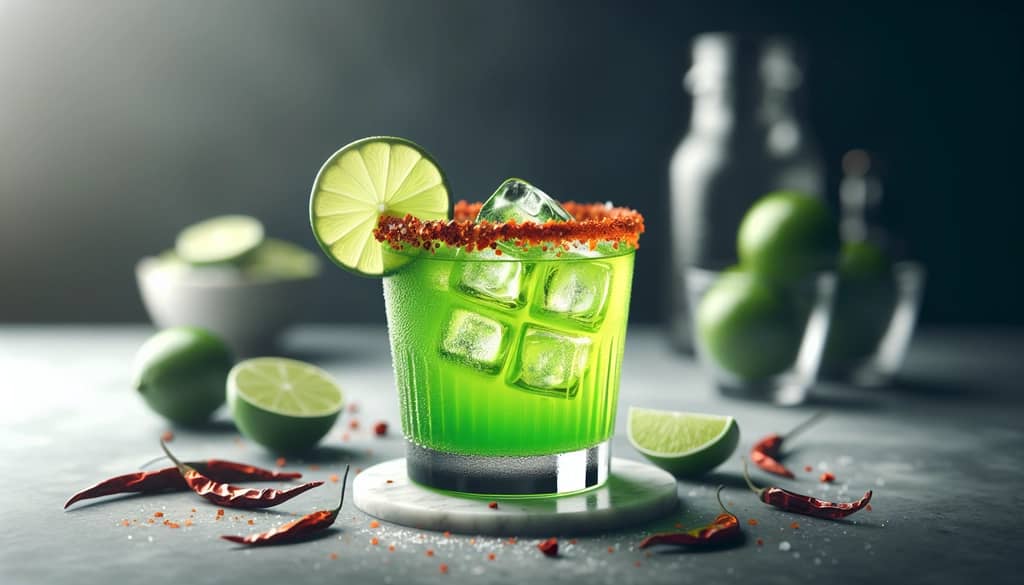 spicy margarita rimmed with chili salt and garnished with lime