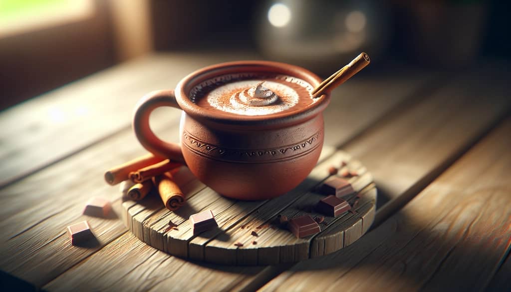 spiked mexican hot chocolate in clay mug with cinnamon stick
