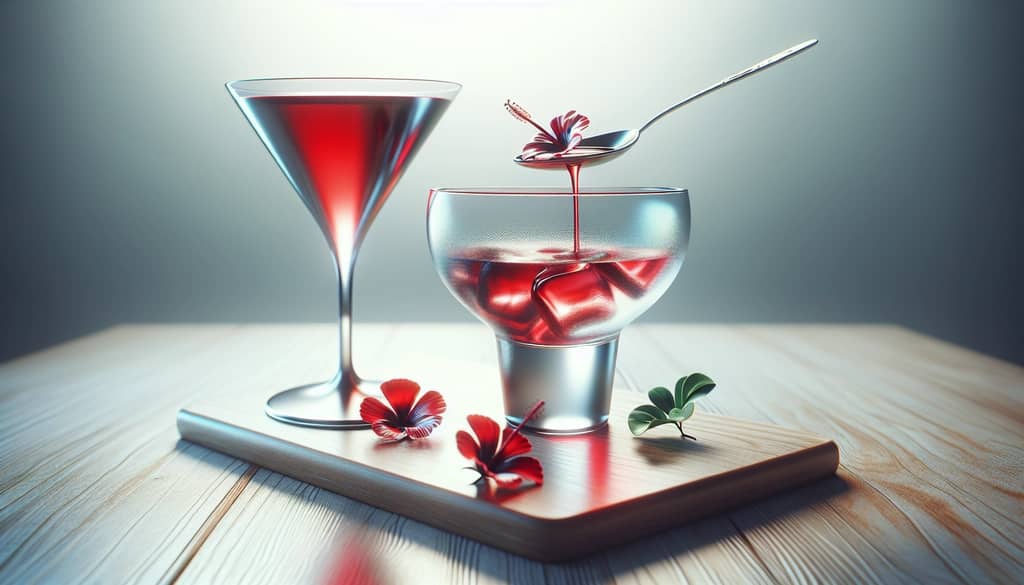 spoon pouring hibiscus syrup into a cocktail glass