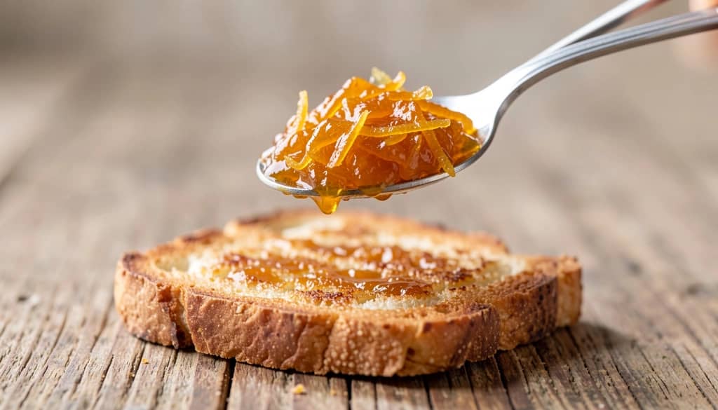 spoonful of ginger whiskey marmalade above toast
