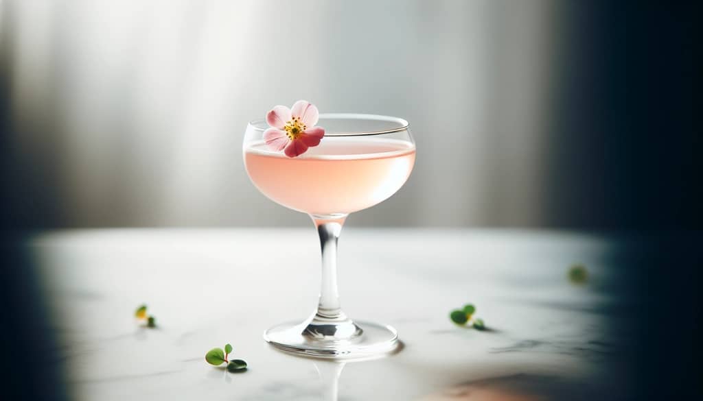 spring cocktail with edible flower garnish on marble