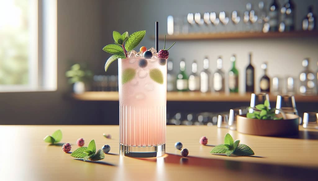 spring collins cocktail glass with mint and berries