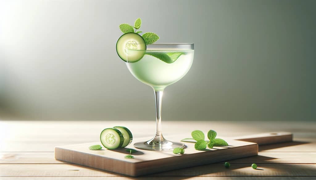 spring gin cocktail with cucumber and mint in a coupe glass