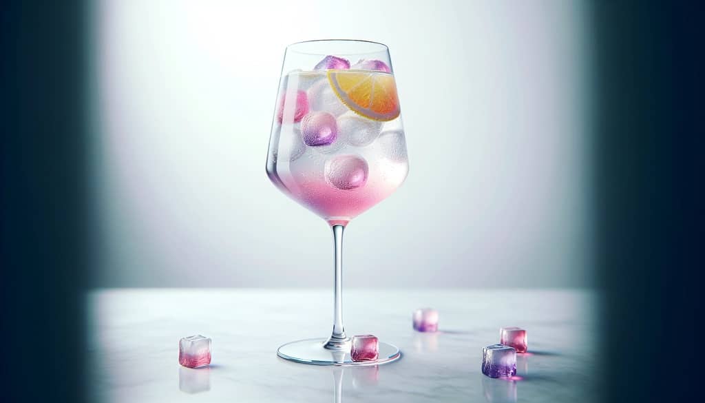 tall spritz cocktail with colorful layered ice cubes